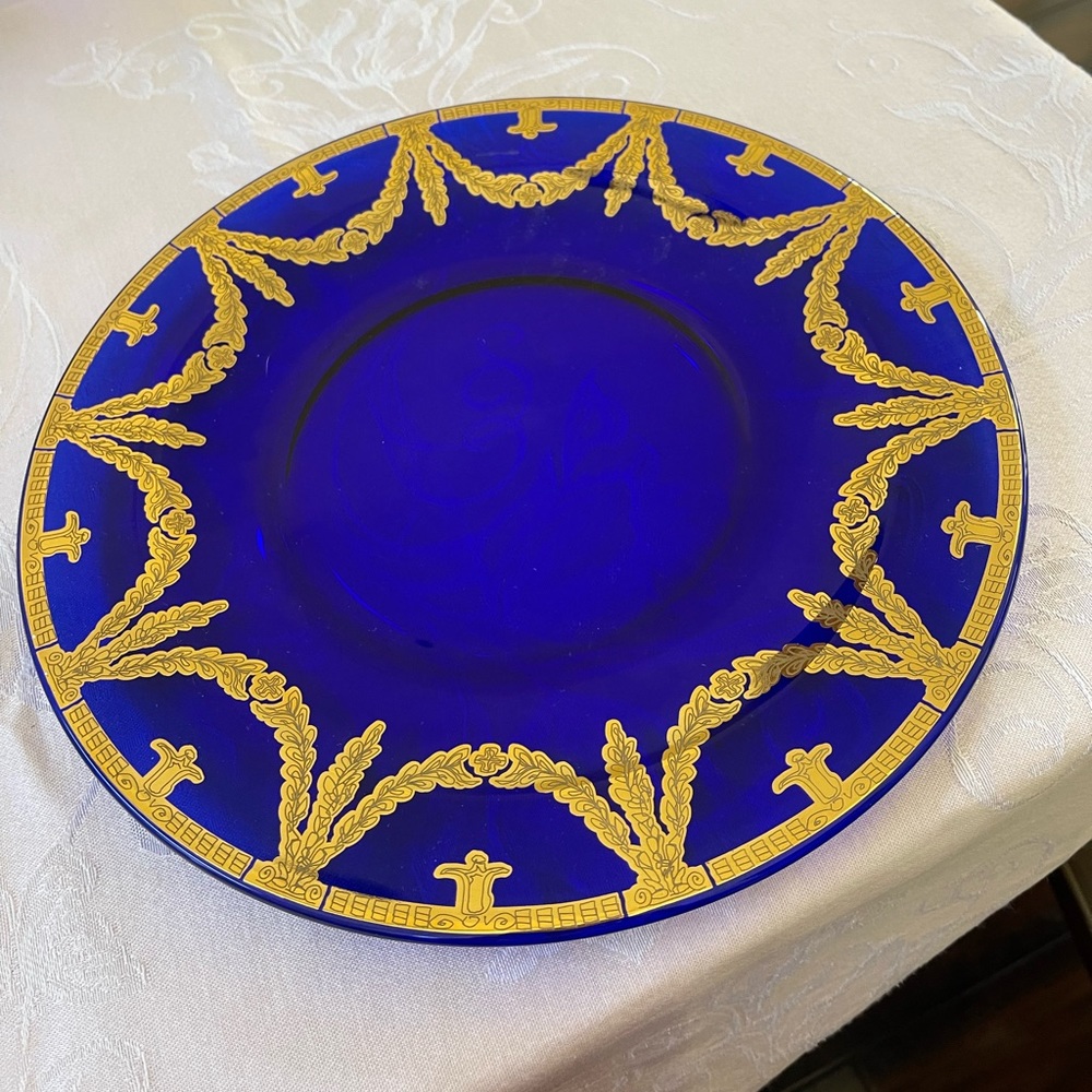 Cobalt Blue Glass Charger Plate with Gold Laurel Motif